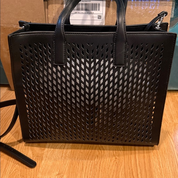KARL LAGERFELD PARIS NOVEAU MEDIUM BLACK PERFORATED TOTE SHOULDER BAG - Picture 3 of 7